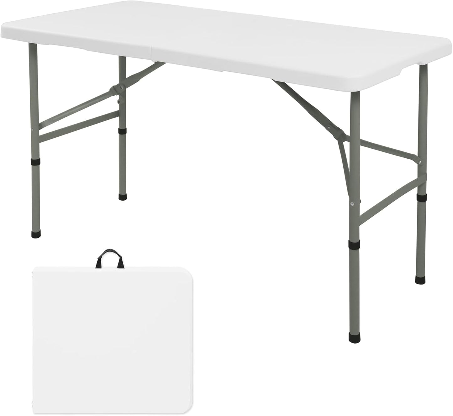 Folding Table 4FT Camping Table Portable Heavy Duty Plastic Rectangular Outdoor Dining Table Steel Legs Fold-In-Half with Carrying Handle for Indoor,Picnic,Party,Wedding,Events(White)