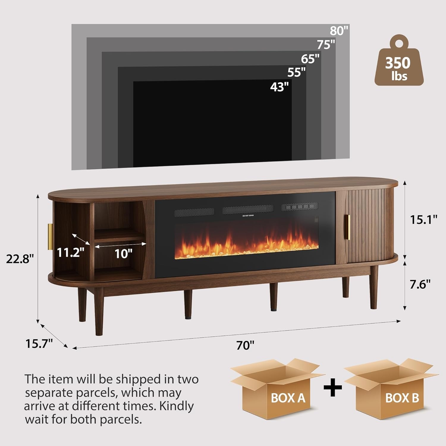 70″ Fluted Fireplace TV Stand for 80″ Tvs, Remote & Touch Control Adjustable Flame Colors & Temperature, Entertainment Center with Storage, Modern Media TV Console Table for Living Room(Walnut)