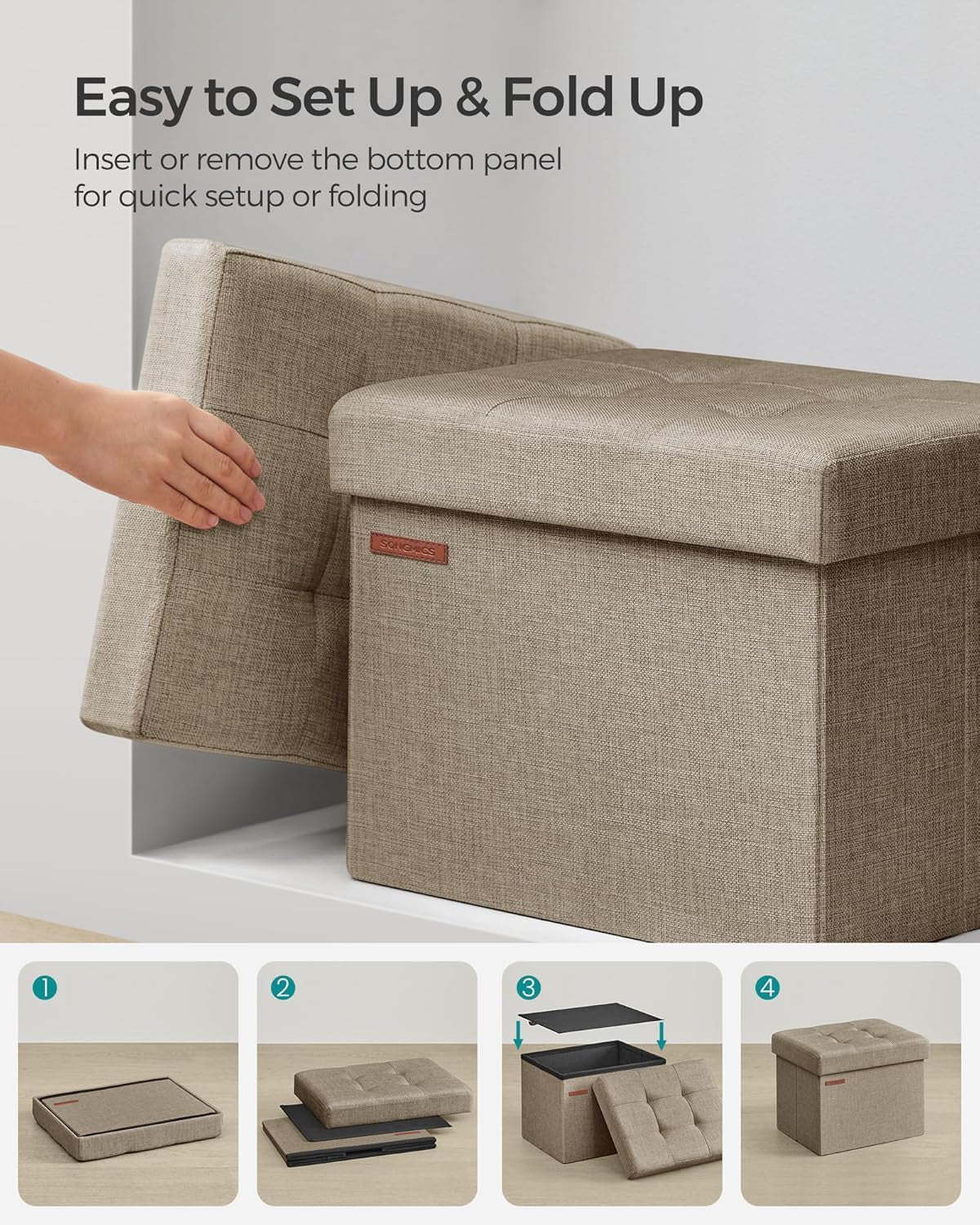 MAZIE Collection - Small Folding Storage Ottoman, Foot Rest Stool, 12.2 X 16.1 X 12.2 Inches, 286 Lb Load Capacity, for Living Room, Bedroom, Home Office, Dorm, Light Taupe ULSF102K01