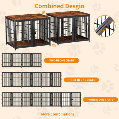 Heavy Duty Dog Crate Furniture: 70Inch Extra Large Unlimited Connected TV Stand Style Dog Cages with Removable Divider - Indoor Decorative Wood Table Top Metal Dog Kennels with One to Four Rooms
