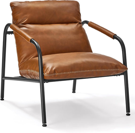 EKHO Collection - Accent Chair, Metal Framed Armchair, Synthetic Leather with Stitching, Mid-Century Modern, Sling Chair for Living, Bedroom, Reading Room, Lounge, Caramel Brown ULAC014K01