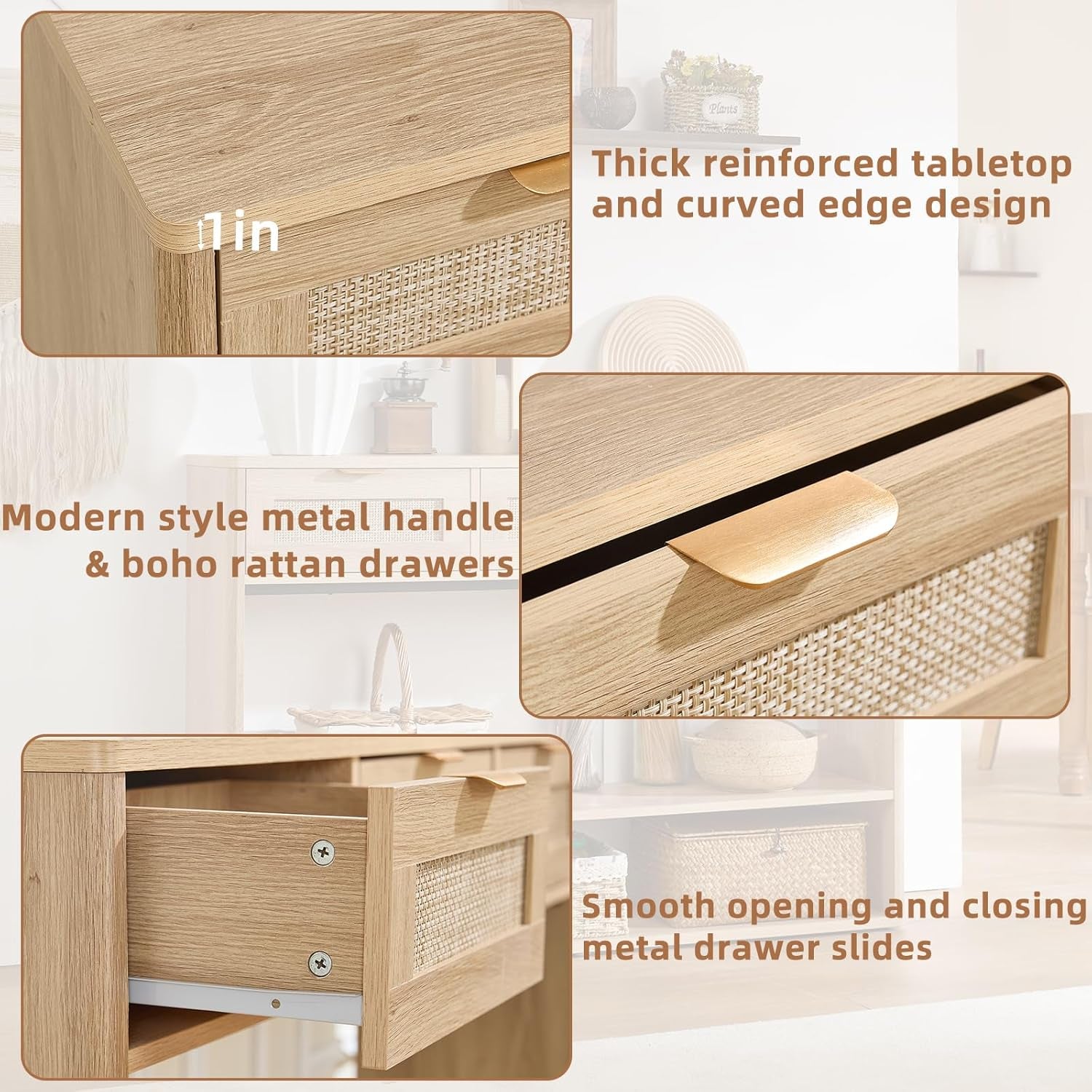 48" Boho Rattan Console Table with 3 Drawers, 3 Tier Wooden Entryway Table with Open Storage Shelf, Narrow Long behind Couch Sofa Tables for Living Room, Hallway, Entrance, Natural Wood