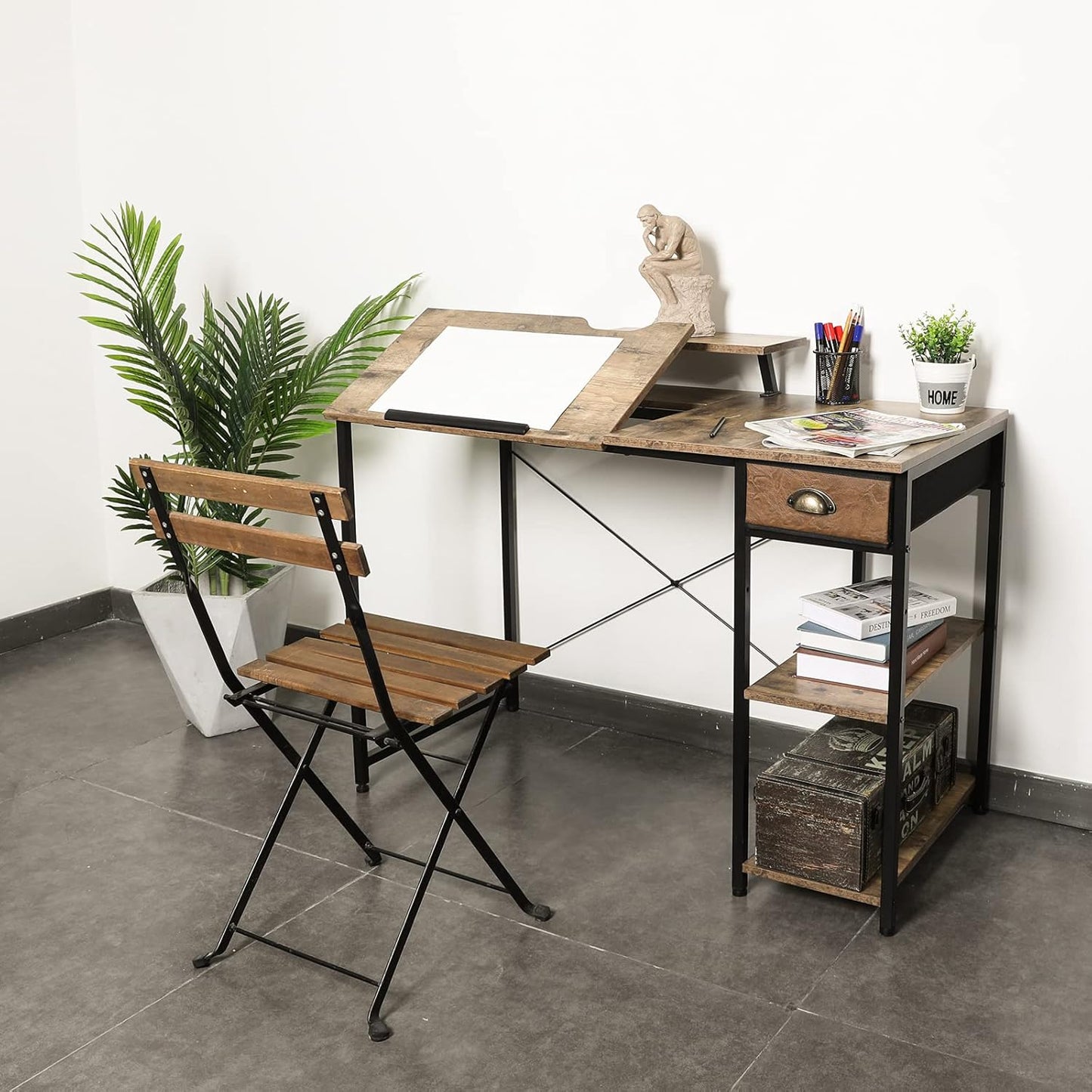 Drafting Table with Storage Shelves & Drawer, 43" Adjustable Art Desk with Monitor Stand for Home Office Computer, Tiltable Draft Drawing Table for Artist, Study, Writing Workstation