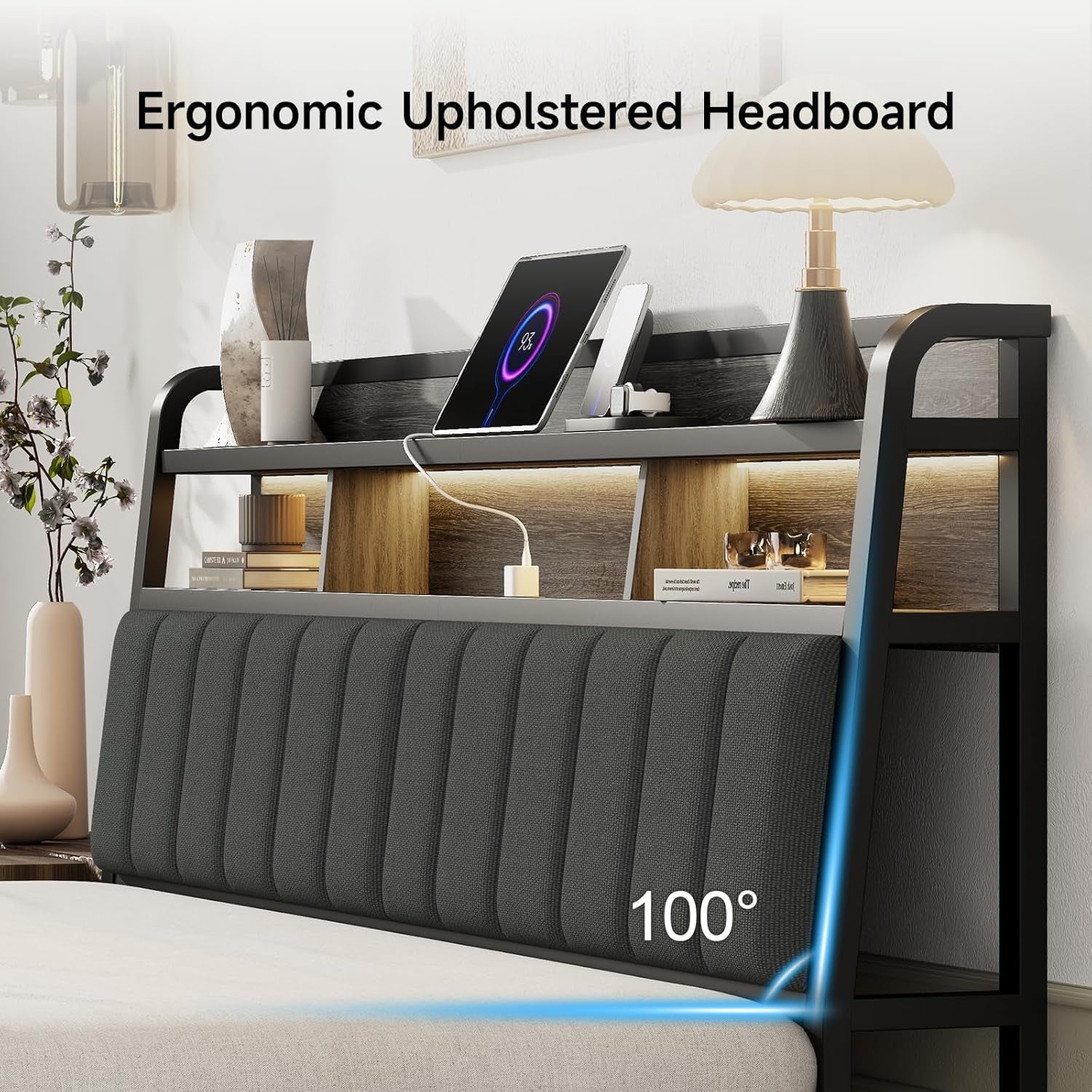 King Headboard Only with Storage, Upholstered Headboards for King Size Bed with LED Light, Charging Station, Height Adjustable, Sturdy and Stable Headboard, Black & Grey