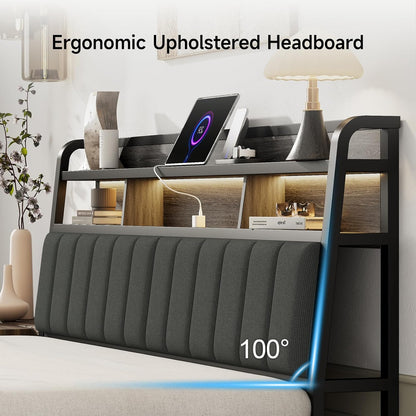 King Headboard Only with Storage, Upholstered Headboards for King Size Bed with LED Light, Charging Station, Height Adjustable, Sturdy and Stable Headboard, Black & Grey