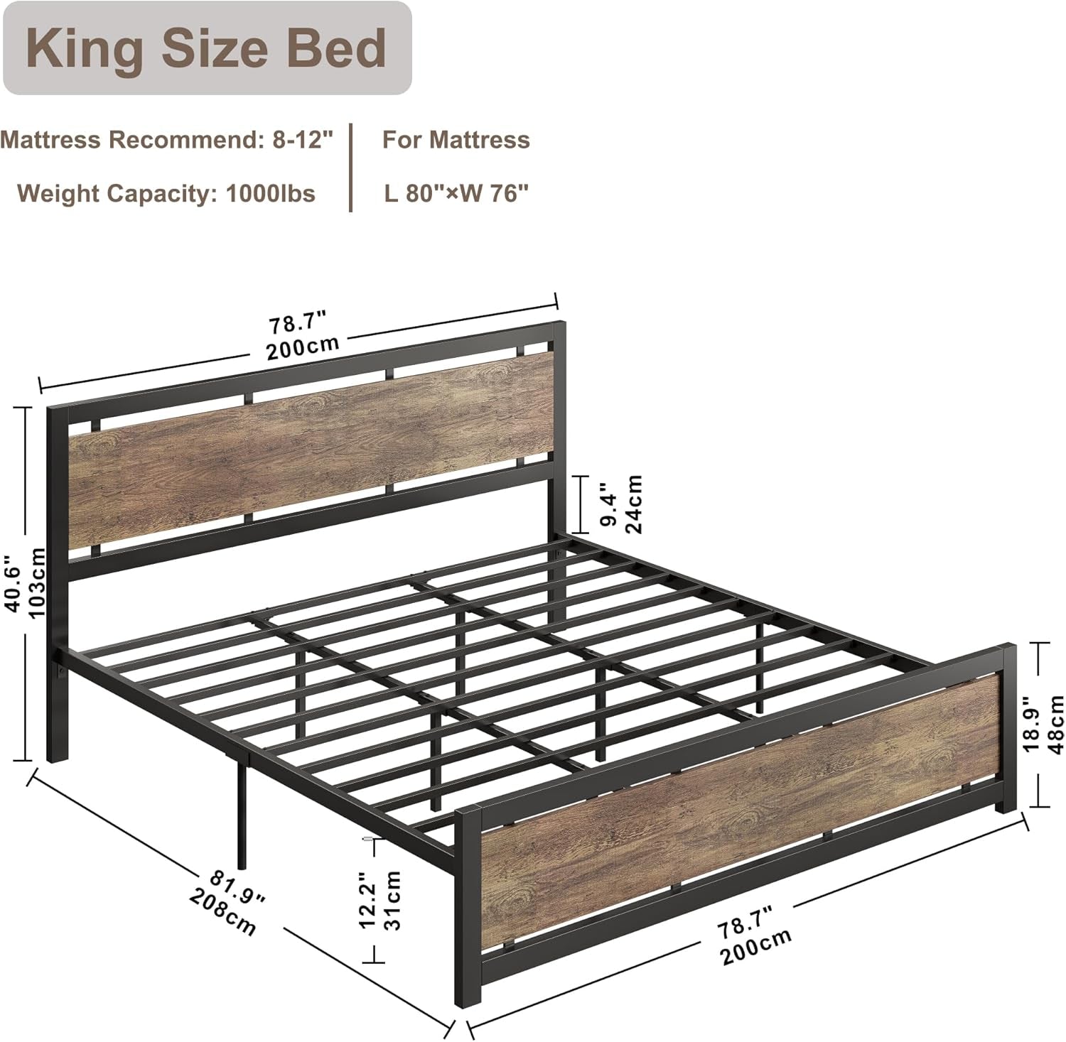 King Bed Frame with Headboard and Footboard, Metal Strong Supports, Easy Assembly, Noise-Free, No Box Spring Needed, Walnut