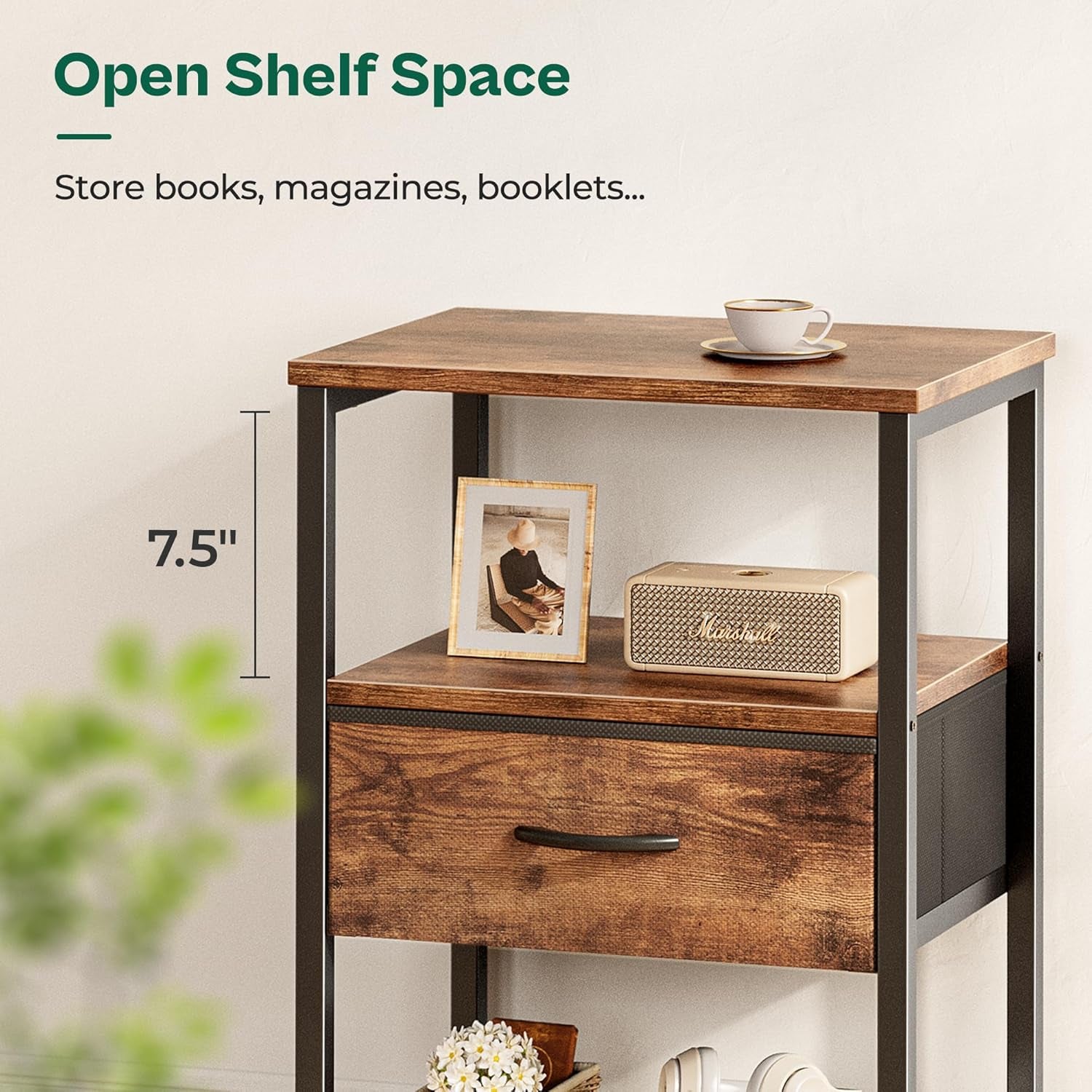 Nightstand Set of 2, Night Stand with Fabric Drawer, Mesh Shelf, Side Table with Storage, Fabric Drawer Dresser, Open Shelf, Metal Frame, Bedroom, Rustic Brown