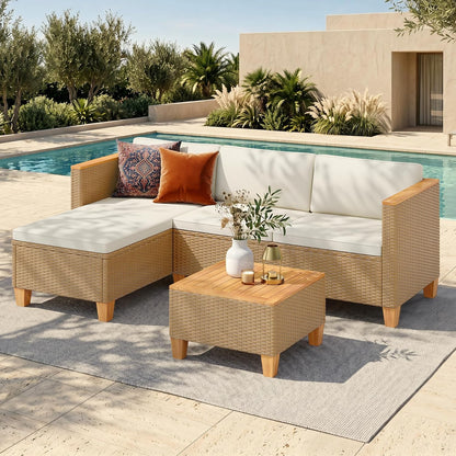 Small Patio Furniture Set, 3 Pieces Wicker Outdoor Sectional Sets,Yellow Rattan Conversation Set with Sofa and Coffee Table for Garden and Backyard, L Shape Boho Balcony Couch Sets