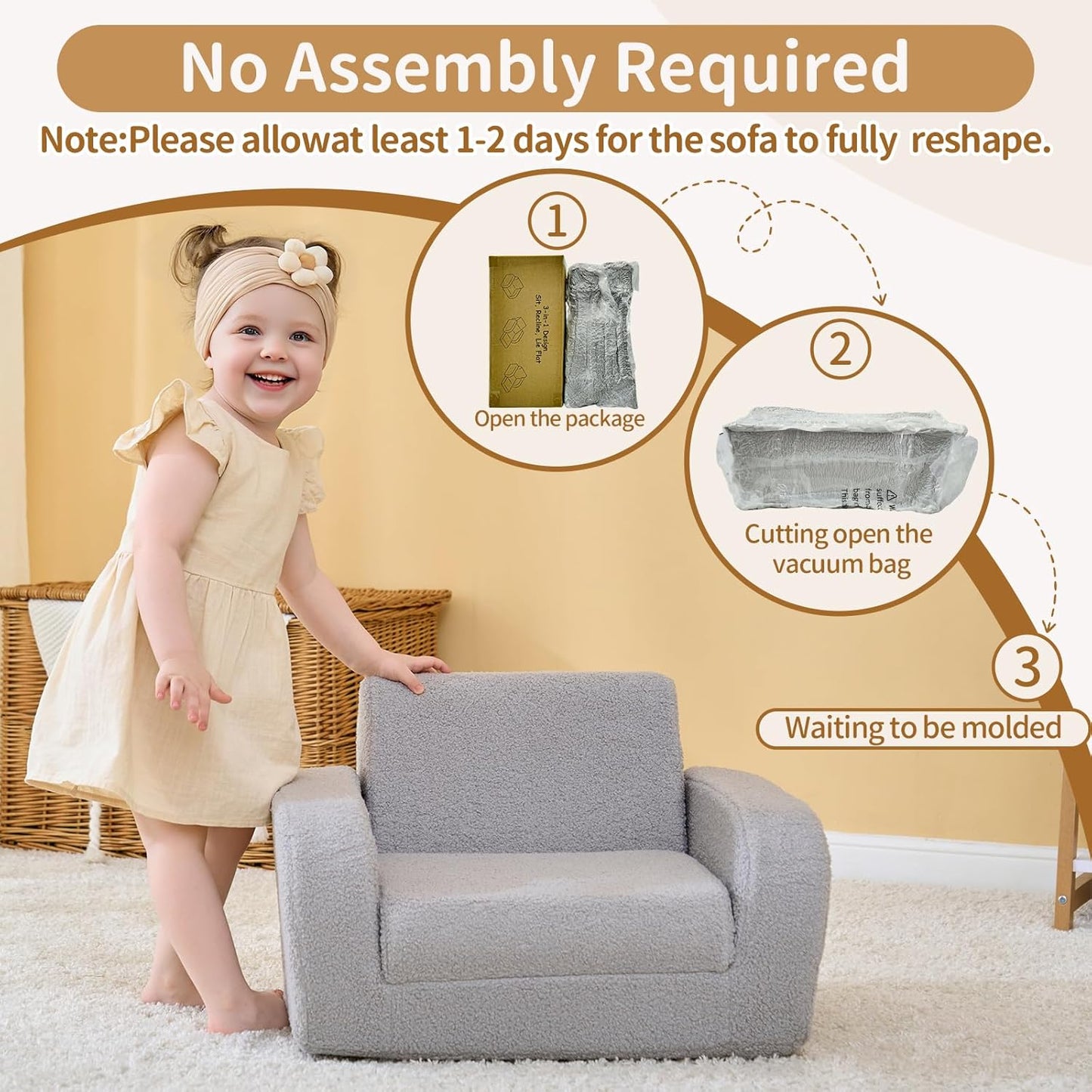 3-In-1 Toddler Couch, Toddler Chairs Comfy 1-3 Years Old, Kids Couch Bed Fold Out, Gifts for 1 2 Year Old Girls Boys