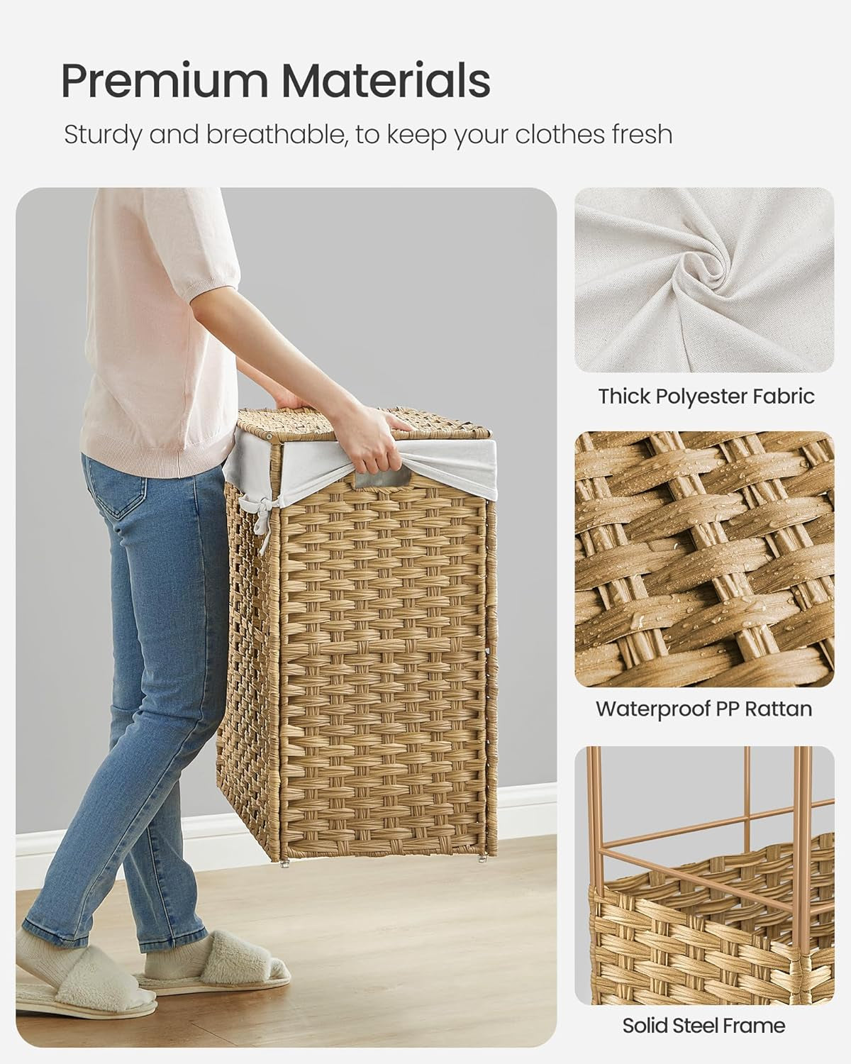 Laundry Hamper with Lid, 42.3 Gallons (160 L), Rolling Laundry Basket with Wheels, 3-Section Synthetic Rattan, Removable Liner, Bedroom, 27.6 X 14.2 X 26 Inches, Natural ULCB365N01