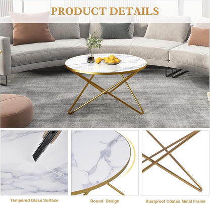 Modern round Coffee Table and Side Table Set of 3,End Table with Faux Marble Top and Gold Metal Frame, Side Table for Living Room, Bedroom, Sofa and Couch, Gold Legs, White Marble Top