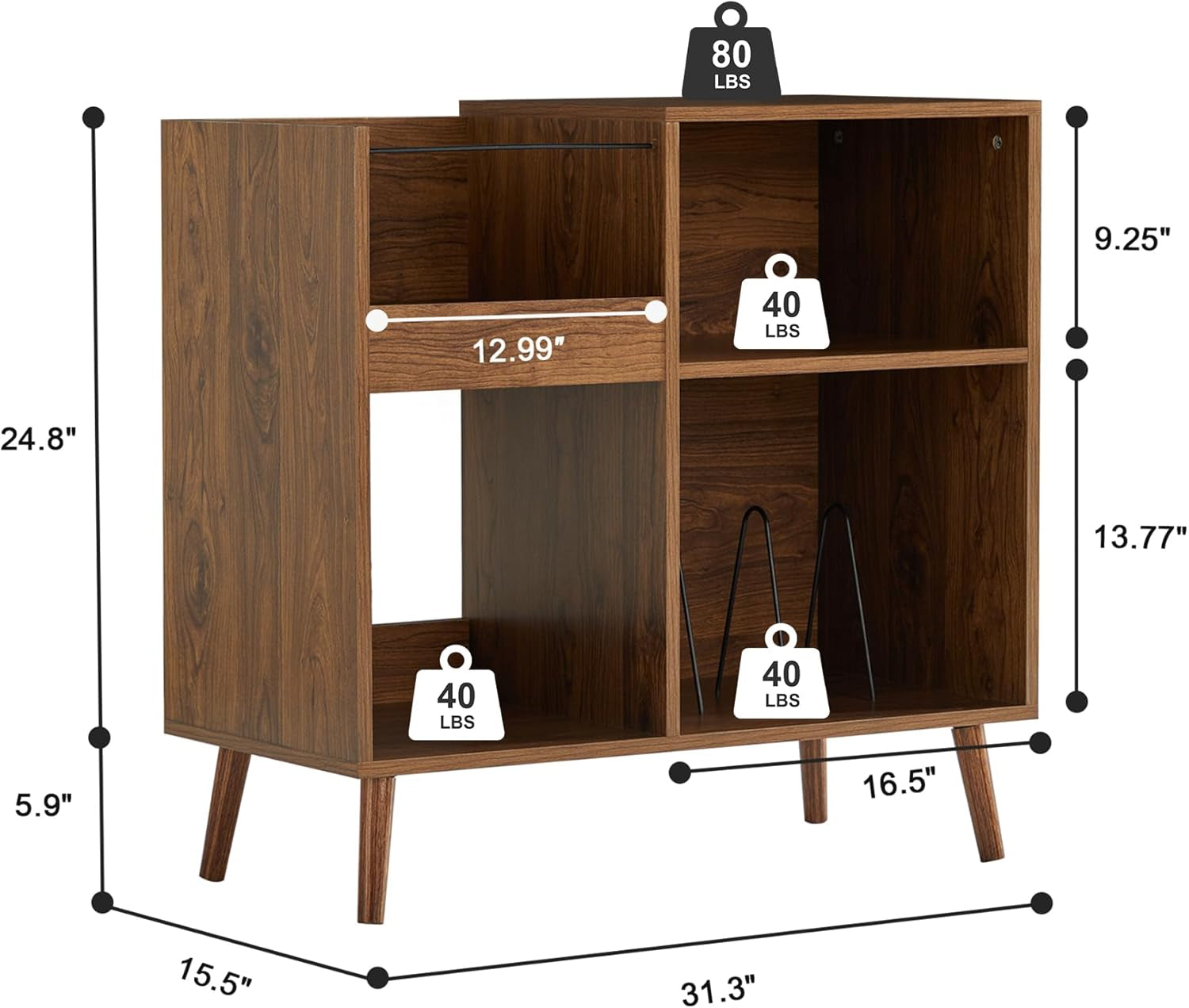 Mid-Century Vinyl Storage Cabinet Table with Solid Wood Legs, Turntable Stand with Power Outlet Holds up to 200 Albums, Record Player Holder Display Shelf, End Table for Bedroom Living Room