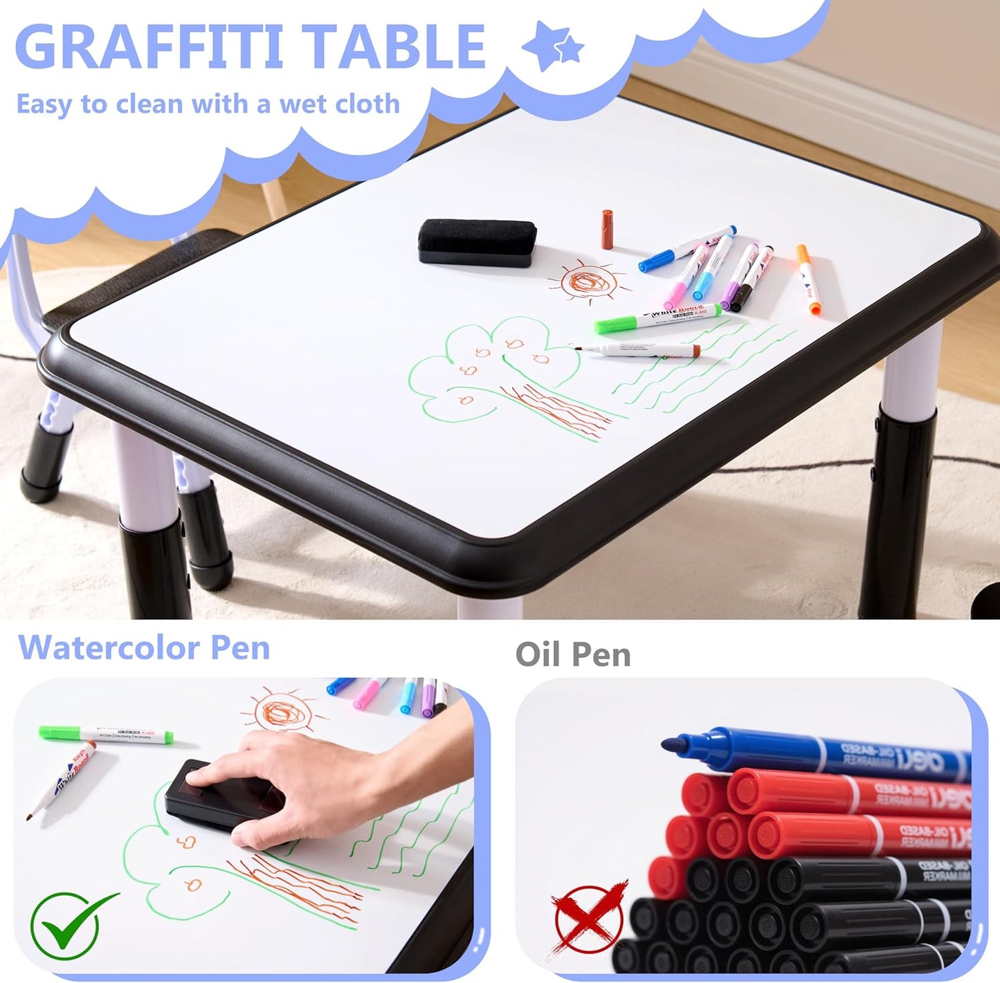 Kids Table & Chairs Set (2 Chairs), Height Adjustable Toddler Table and Chair Set for Kids Ages 3-8 with Graffiti Desktop, Learning & Art Activity Desk for Classroom, Home, Daycare (Black)