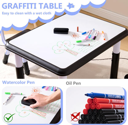 Kids Table & Chairs Set (2 Chairs), Height Adjustable Toddler Table and Chair Set for Kids Ages 3-8 with Graffiti Desktop, Learning & Art Activity Desk for Classroom, Home, Daycare (Black)