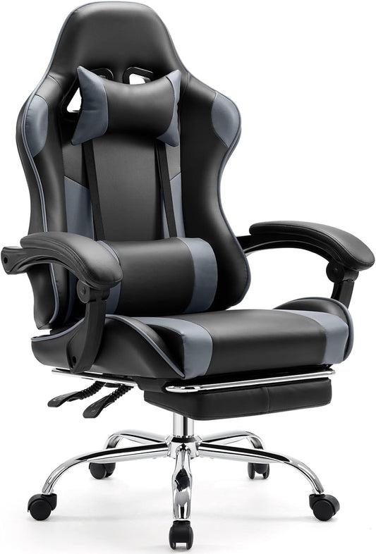 Video Game Desk Chair - Ergonomic Computer with Footrest and Comfy Lumbar Support, PU Leather Recliner with Headrest, Fixed up Armrest, Height Adjustable with 360° Swivel, for Adults, Grey
