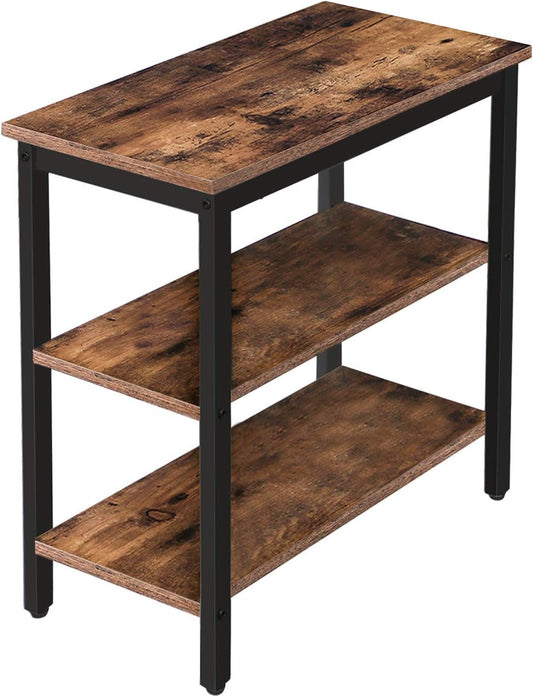 End Table, Simple Rustic Side Table with 3-Tier Storage Shelf, Narrow Nightstand for Small Spaces, for Living Room, Bedroom,Easy Assembly, Industrial Design, Rustic Brown and Black BF14BZ01