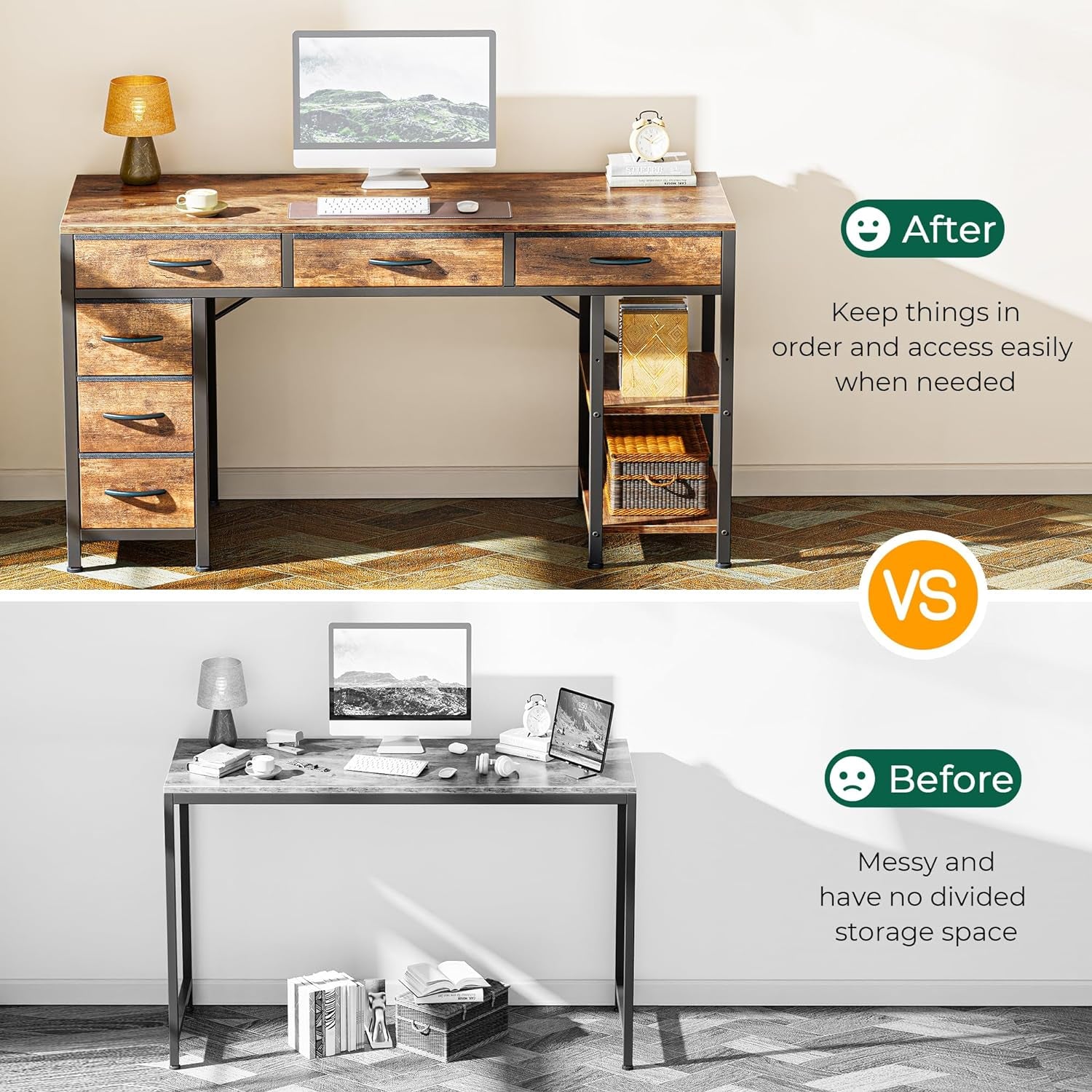 Computer Desk with 6 Drawers, 54 Inch Office Desk with Shelves, Reversible Gaming Desk, Corner Desk with Storage, Work Desk for Home Office, Study, Living Room, White