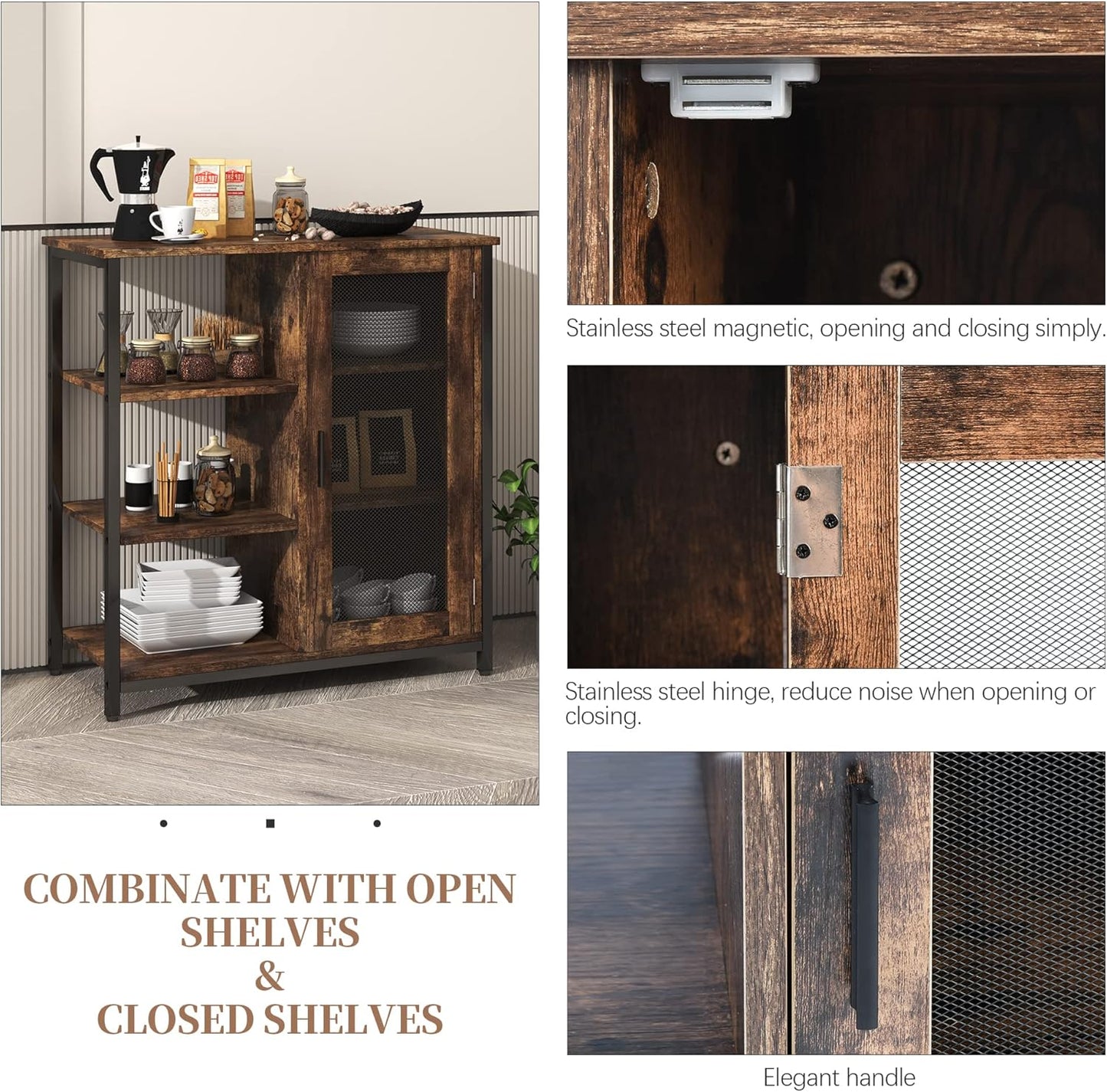 Mini Coffee Bar Cabinet with Storage, 27.5'' Small Kitchen Bar Table, Cute Corner Bar Cabinet for Tea, Buffet Sideboard Cabinet for Dining Room, Farmhouse Coffee Station for Wine (Brown)