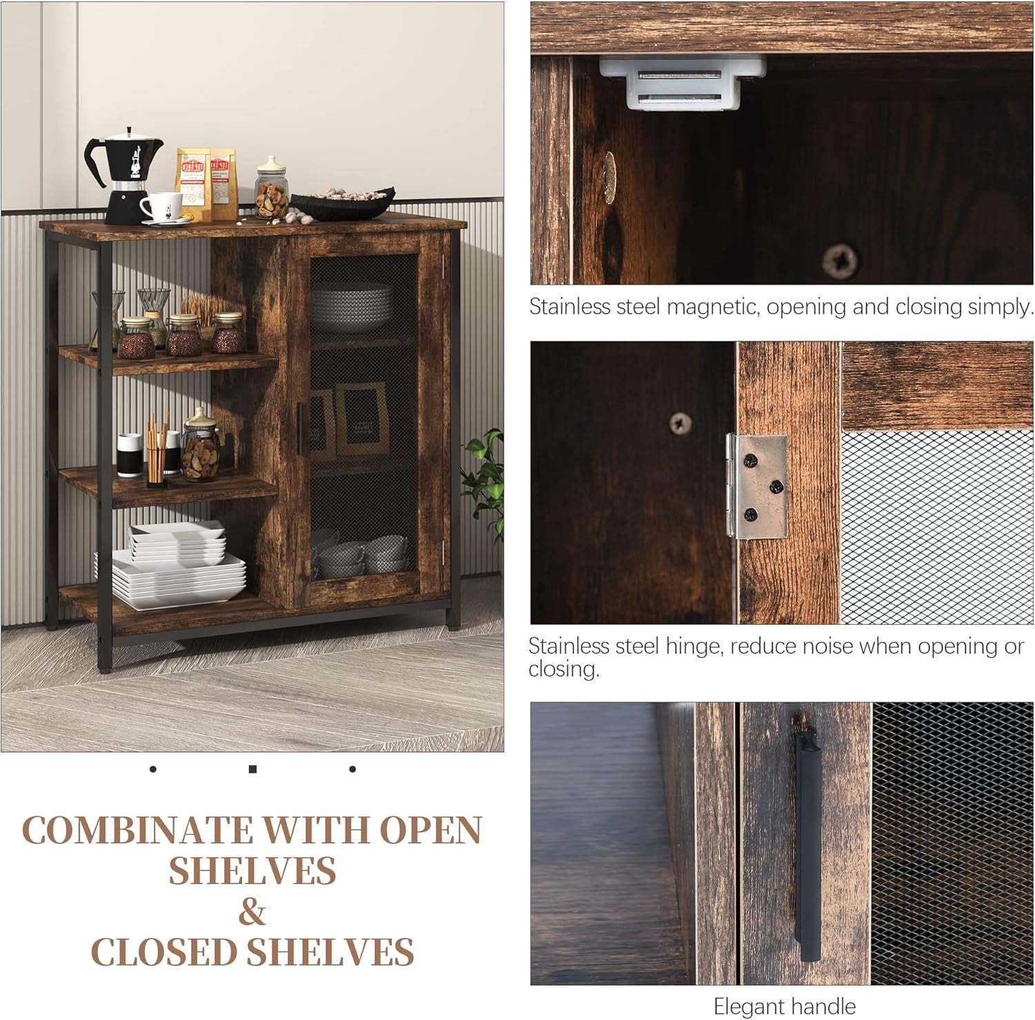 Mini Coffee Bar Cabinet with Storage, 27.5'' Small Kitchen Bar Table, Cute Corner Bar Cabinet for Tea, Buffet Sideboard Cabinet for Dining Room, Farmhouse Coffee Station for Wine (Brown)