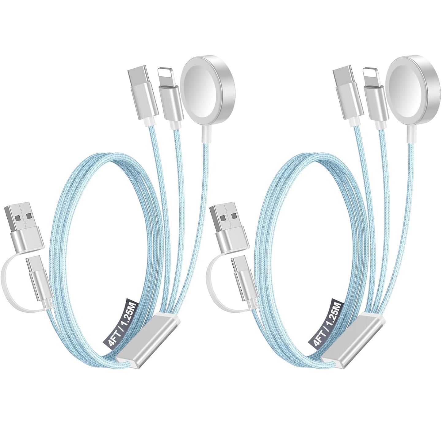2Pack Multi Fast Charging Cable for Travel Vacation Essentials,Apple Watch Charger,Iphone Charger[3-In-2] USB A/Type C/Lightning Cable for Iwatch,Iphone 16-11,Nintendo Switch,Airpods,Car,Camping-Blue