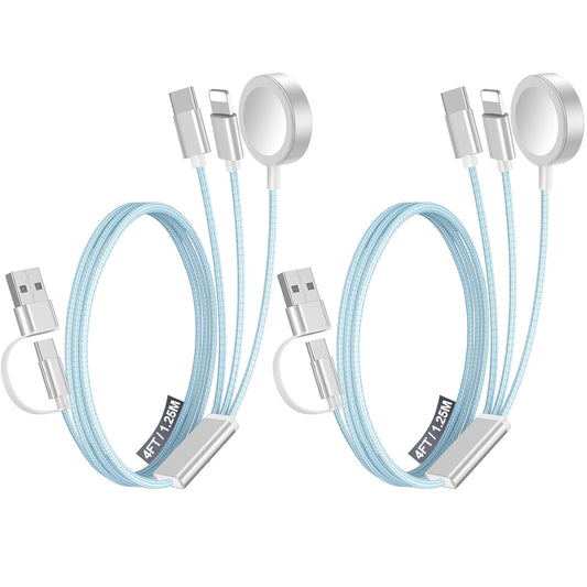 2Pack Multi Fast Charging Cable for Travel Vacation Essentials,Apple Watch Charger,Iphone Charger[3-In-2] USB A/Type C/Lightning Cable for Iwatch,Iphone 16-11,Nintendo Switch,Airpods,Car,Camping-Blue