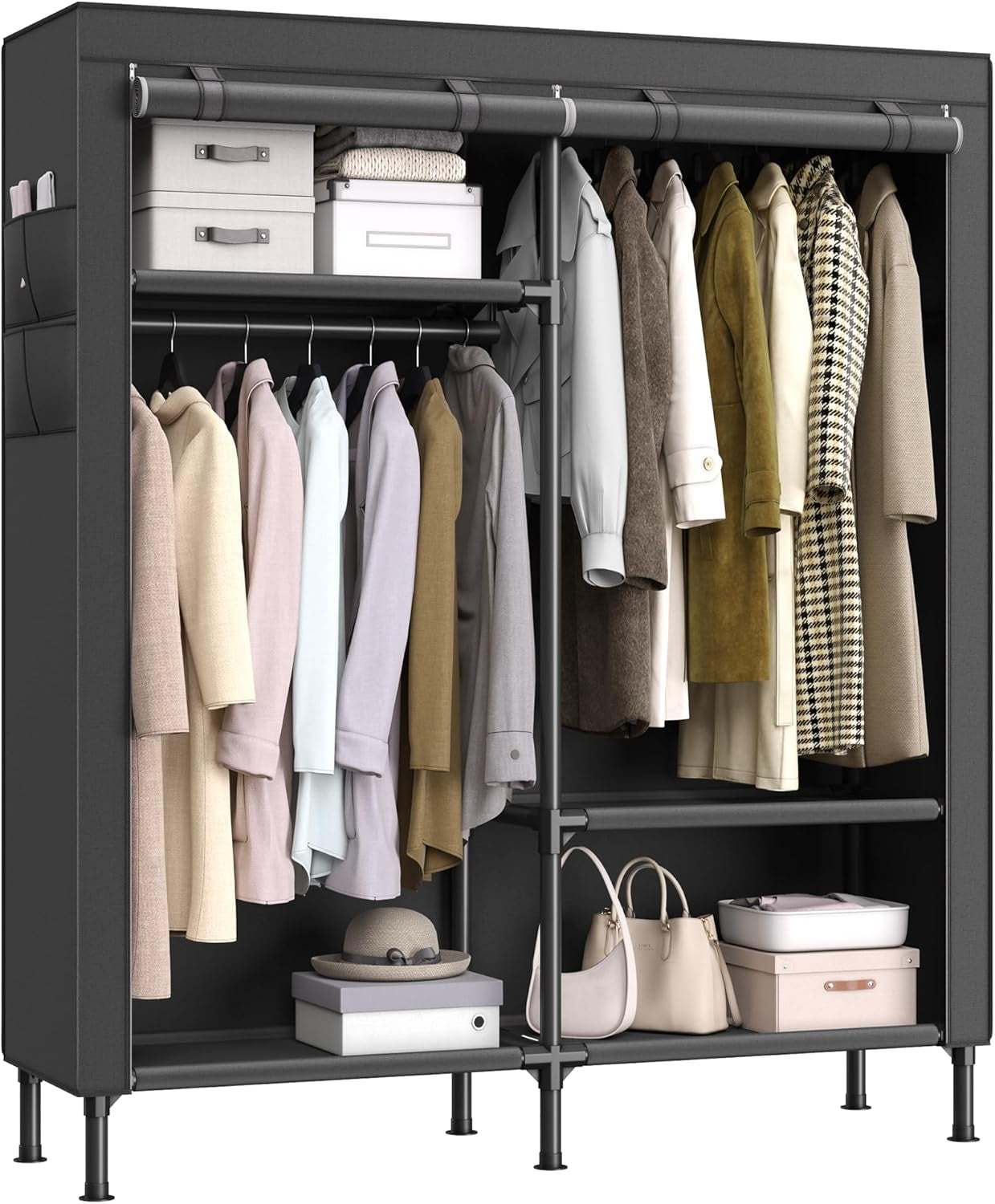 Heavy Duty Clothes Rack, 65 Inch Freestanding Portable Wardrobe with Hanging Rails and Shelves, Total Load 242 Lb, Easy Assembly, for Cloakroom, Bedroom, Black URDR201B02