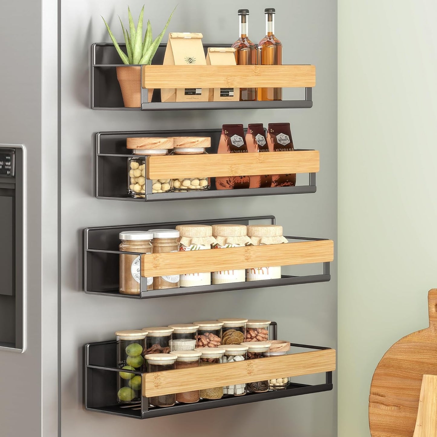 Magnetic Spice Rack for Refrigerator, Set of 4, 2 Large and 2 Small Kichen Magnetic Shelves for Microwave, Washing Machine, Spice Organizers, No Drilling Needed, Ink Black UKCS061B01