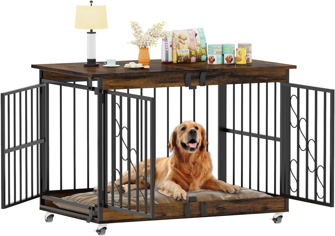 Dog Crate Furniture, 48 Inch Dog Crates for Medium/Large Breed, Farmhouse Wood Metal Kennel Indoor Heavy Duty Pet Cage with Caster Wheels (Brown)