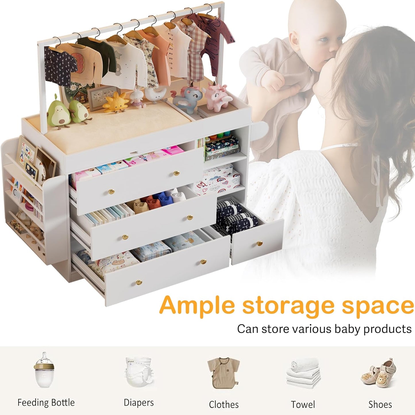 Modern Changing Table Dresser,Baby Dressing Table with 4 Drawers and Storage Shelves,Multi-Functional Baby Changing Table with Drying Rack for Nursery, White