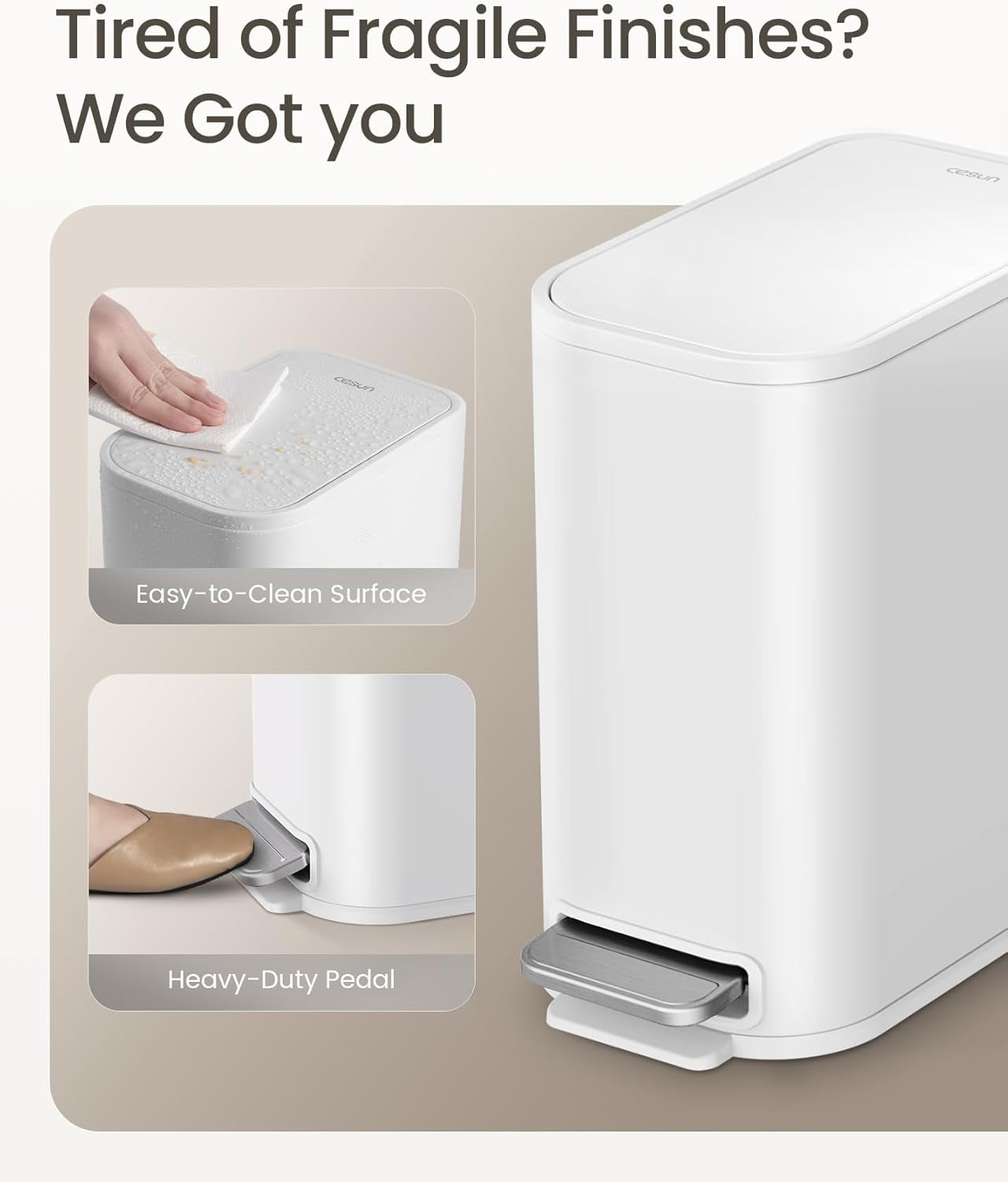 Small Bathroom Trash Can with Lid Soft Close, Step Pedal, 5 Liter / 1.3 Gallon Stainless Steel Garbage Can with Removable Inner Bucket, Waste Basket for Bathroom, Bedroom (White)