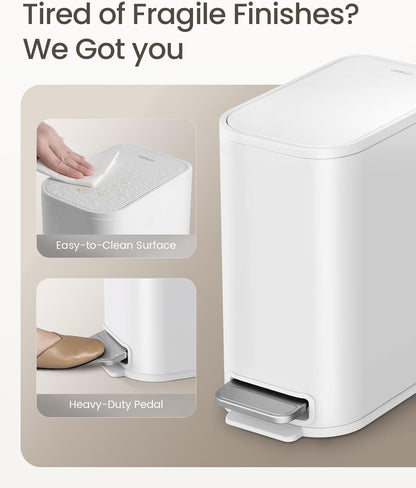 Small Bathroom Trash Can with Lid Soft Close, Step Pedal, 5 Liter / 1.3 Gallon Stainless Steel Garbage Can with Removable Inner Bucket, Waste Basket for Bathroom, Bedroom (White)