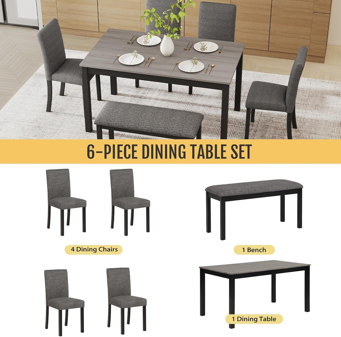 6-Piece Solid Wood Dining Table Set, Including 1 Dining Table, 4 Upholstered Chairs and 1 Bench, Wooden Legs Dining Table Set for Dining Room, Kitchen, Restaurant, Dark Grey