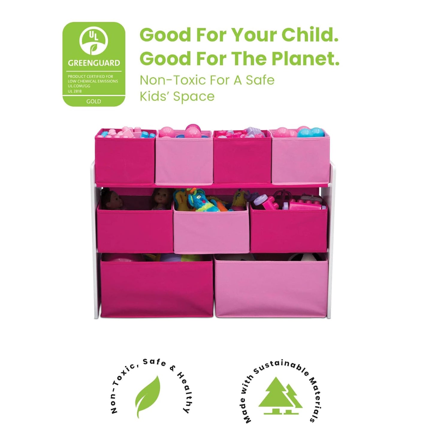 Deluxe Multi-Bin Toy Organizer with Storage Bins, White/Pink Bins
