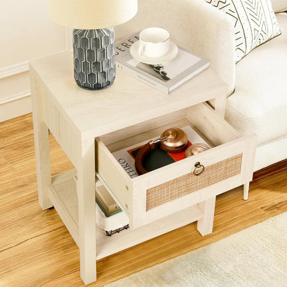 Rattan Nightstands Set of 2 - Farmhouse Bedside Table Night Stand with Drawer and Storage Shelf, Boho End Side Table for Bedroom, Mesitas De Noche Para Dormitorio, Light Oak