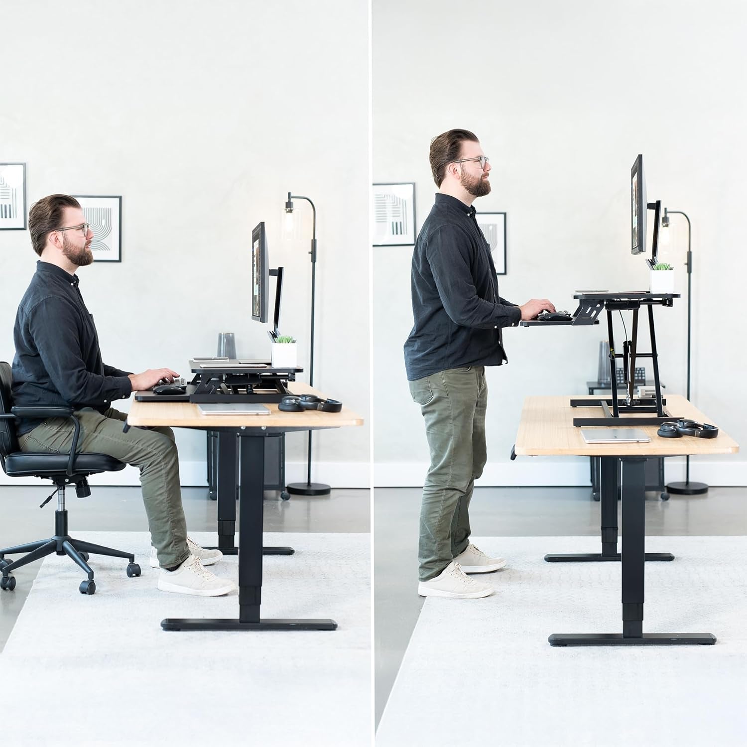 Height Adjustable 32 Inch Stand up Desk Converter, Quick Sit to Stand Tabletop Dual Monitor Riser Workstation, Black, DESK-V000S