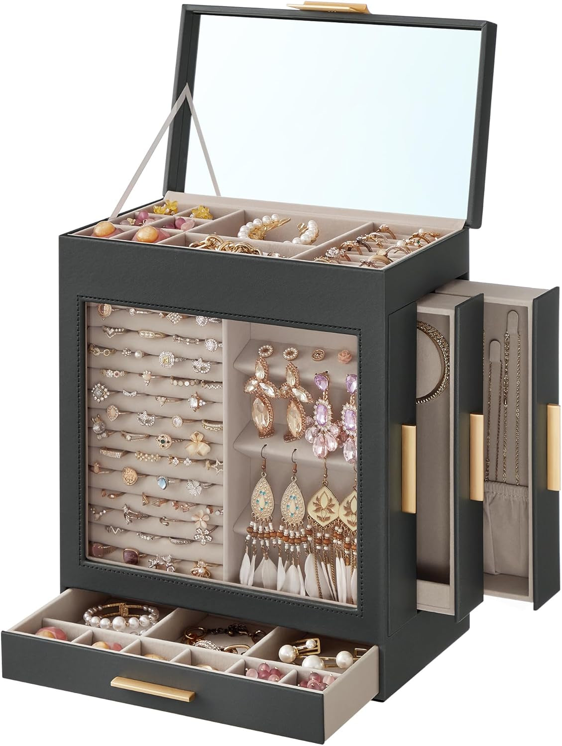 Jewelry Box with Glass Window, 5-Layer Jewelry Organizer with 3 Side Drawers, Jewelry Storage, with Big Mirror, Modern, 6.1 X 10.3 X 12.6 Inches, Cloud White and Metallic Gold UJBC162W01