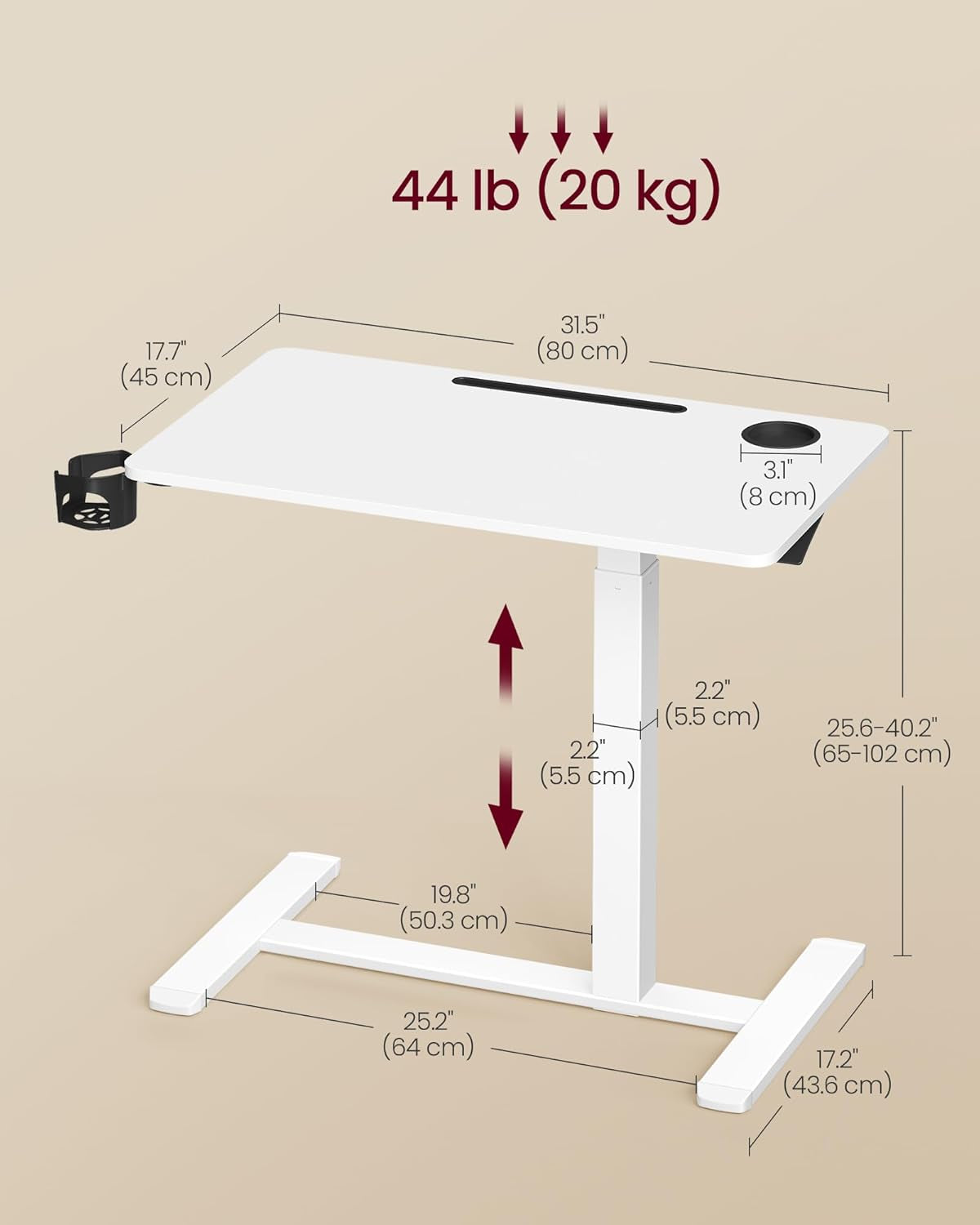 Overbed Table with Wheels, Mobile Standing Computer Desk, 31.5 X 17.7 Inches Tabletop, Adjustable Height, 2 Cup Holders, Phone and Tablet Slot, Cloud White ULSD601W01