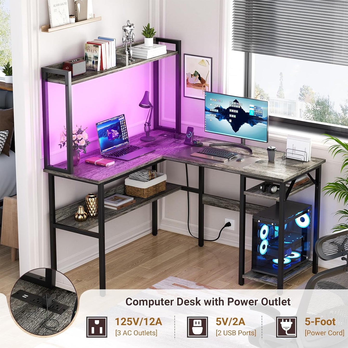 L Shaped Gaming Desk with LED Strip and Power Outlets, Reversible L-Shaped Computer Desk with Storage Shelves, Corner Desk with Hutch, 2 Person Home Office Desk, Black Oak