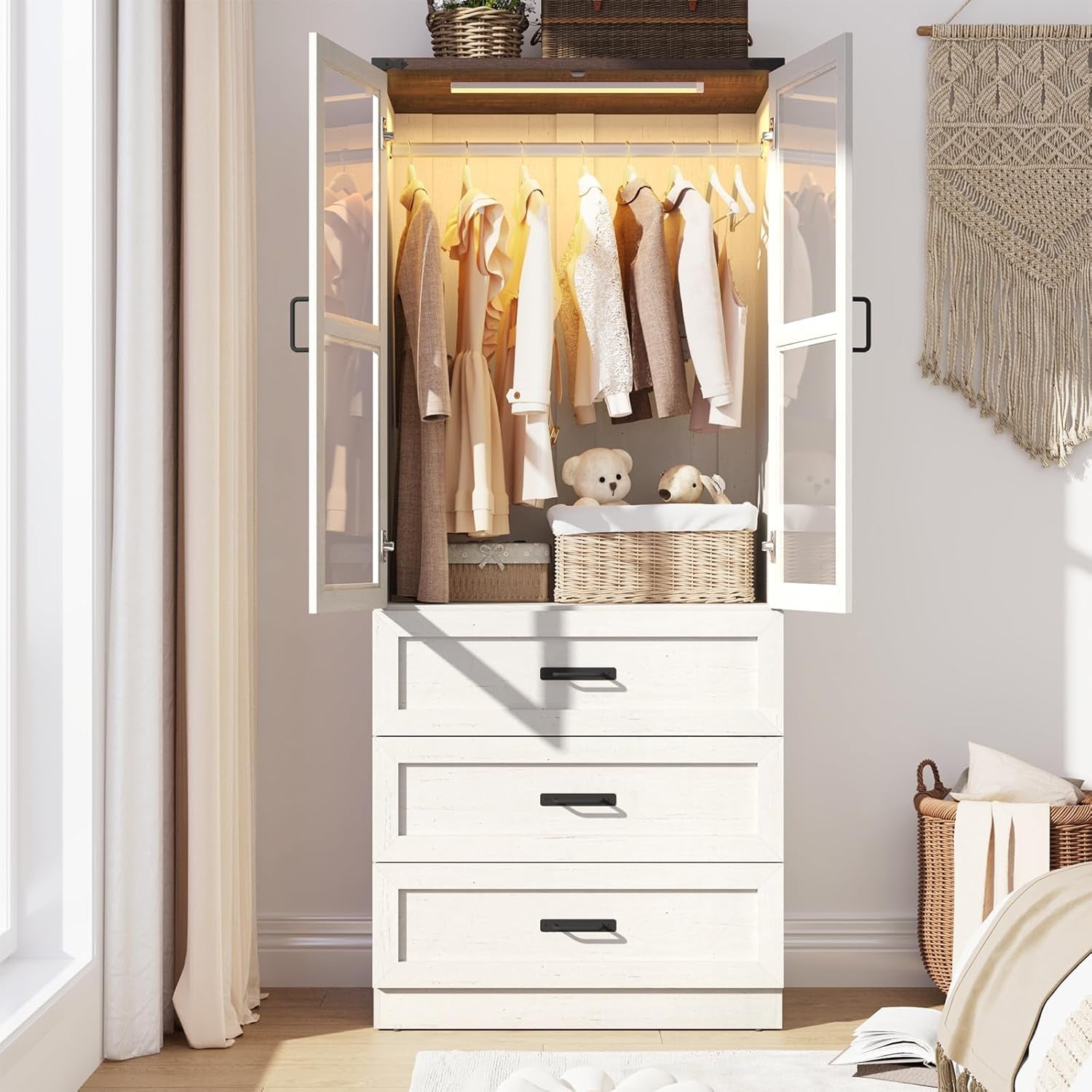 75" Tall Farmhouse 2 Doors Armoire Wardrobe Closet with 3 Drawers and Led,Freestanding Closet Wardrobe Cabinet for Bedroom with Hanging Rod,Wooden Armoire Storage Cabinet Adjustable(Rustic off White)