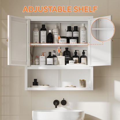 Metal Bathroom Storage Cabinet, Freestanding Pantry Floor Cabinet with 4 Doors and 2 Adjustable Shelves for Living Room, Dining Room, Kitchen (White, 43.3" H-4 Doors)