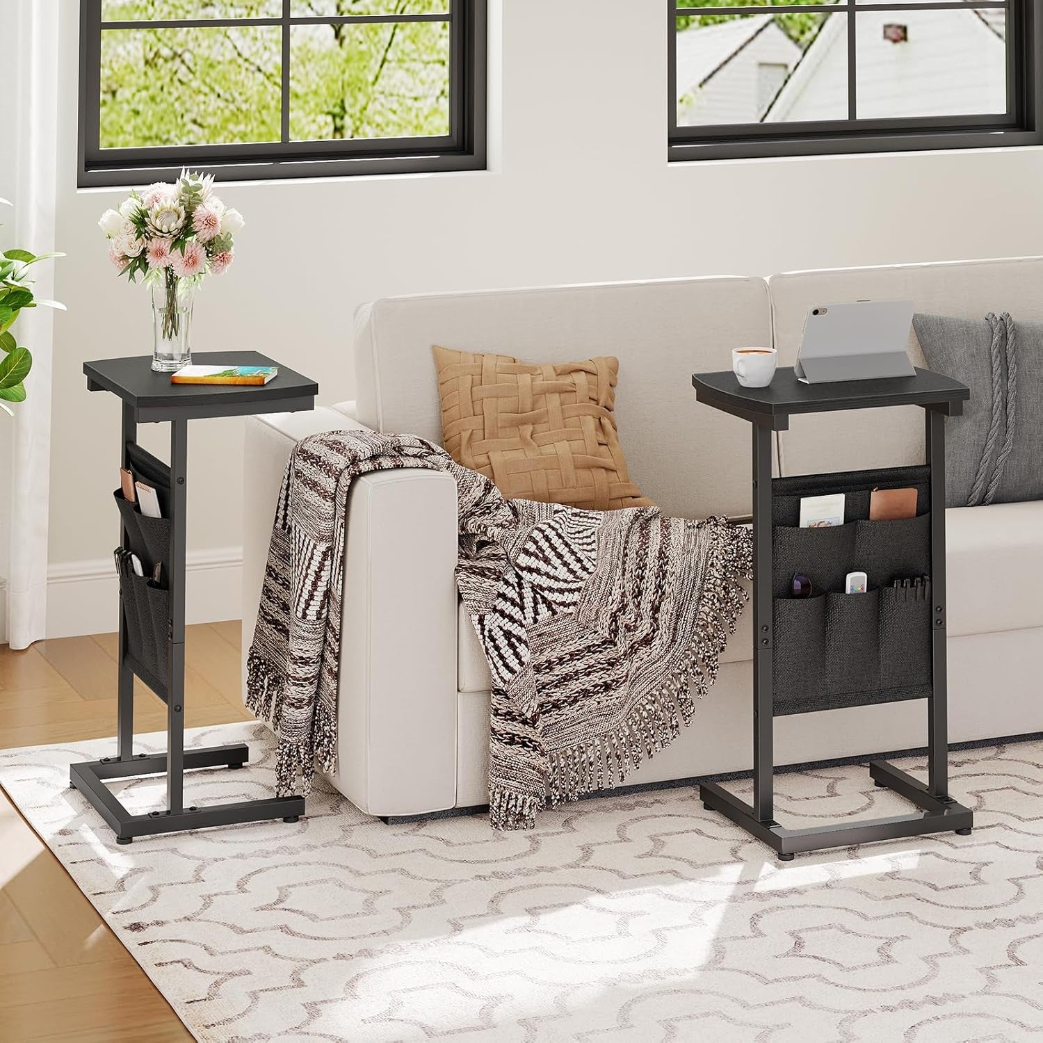 C Shaped End Table, 28.3" Side Table for Small Spaces, Couch Table with Storage Bag, Slide under Sofa Side Table, for Living Room, Bedroom, Black BB40SF01