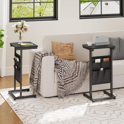 C Shaped End Table, 28.3" Side Table for Small Spaces, Couch Table with Storage Bag, Slide under Sofa Side Table, for Living Room, Bedroom, Black BB40SF01