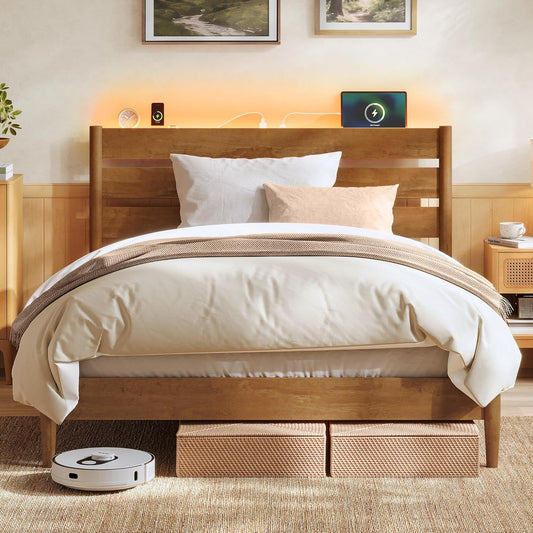 Full Bed Frame with Headboard, LED Lights & Charging Station, Solid Wood Legs and Slats, Mid-Century Modern Platform Bed, No Box Spring Needed, Caramel Brown URMB412K01V1