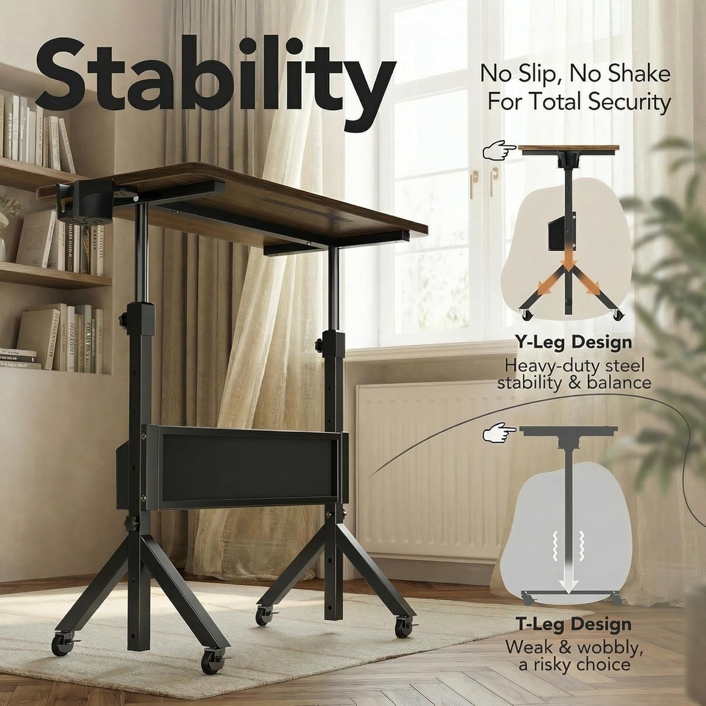 Rolling Standing Desk with Storage Bag,Adjustable Height Mobile Standing Desk for Walking Pad & Home Office,Portable Laptop Desk with Wheels 2'',31.5"X16",Height:28.35–46.46''Walnut