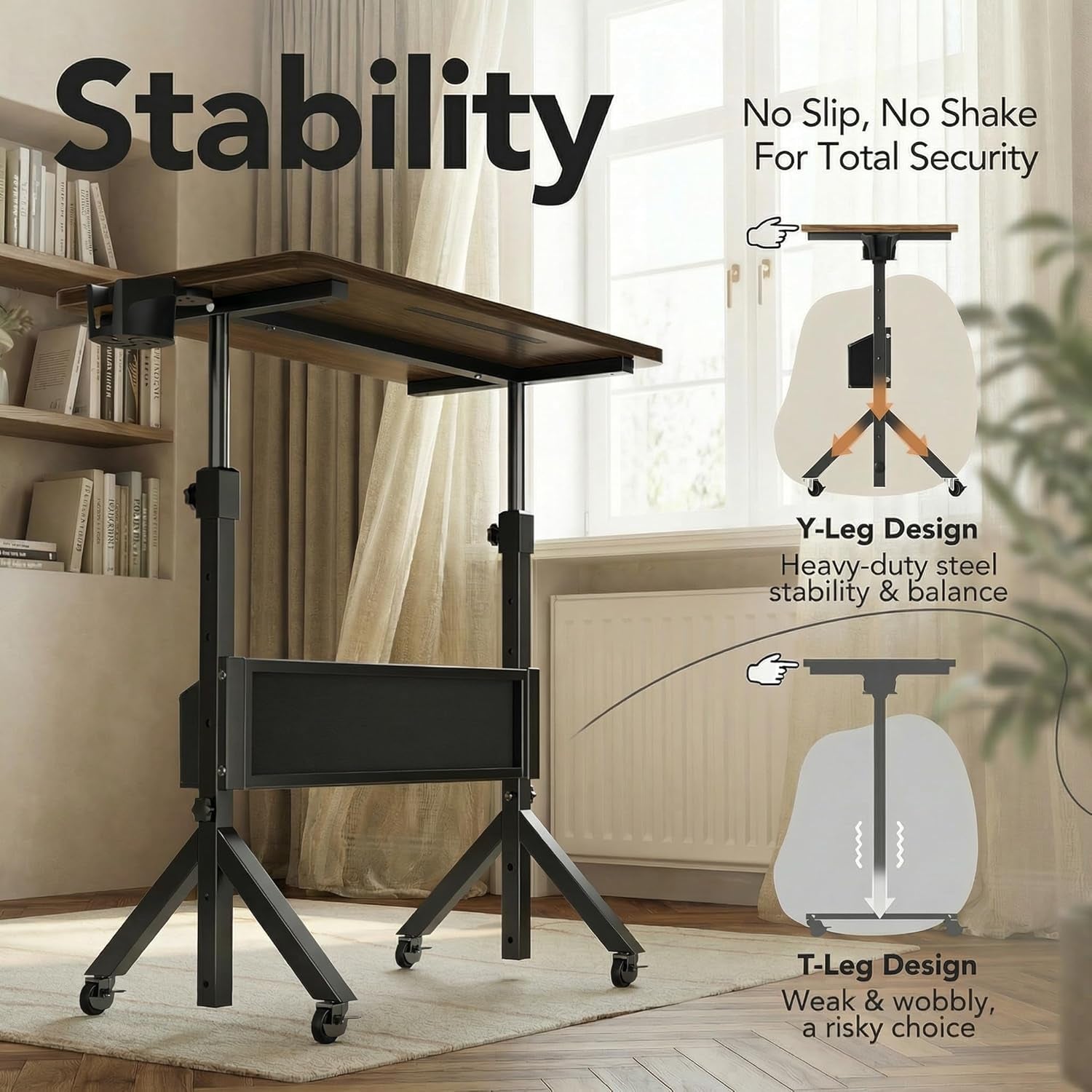 Rolling Standing Desk with Storage Bag,Adjustable Height Mobile Standing Desk for Walking Pad & Home Office,Portable Laptop Desk with Wheels 2'',31.5"X16",Height:28.35–46.46''Walnut