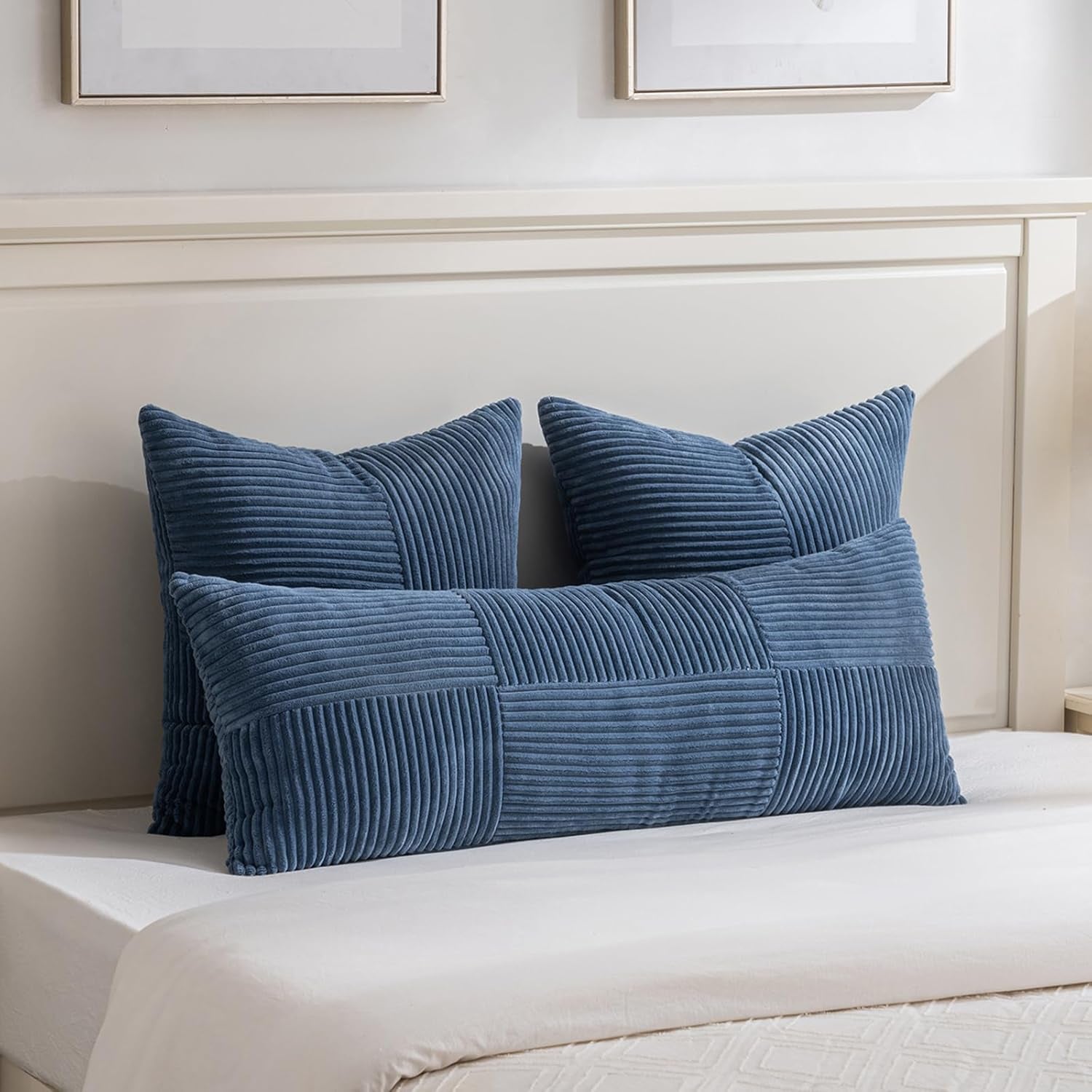 2 Packs Dusty Blue Decorative Throw Pillow Covers 18X18 Inch for Living Room Couch Bed, Farmhouse Boho Home Decor, Soft Corss Corduroy Patchwork Textured Square Cushion Case 45X45Cm