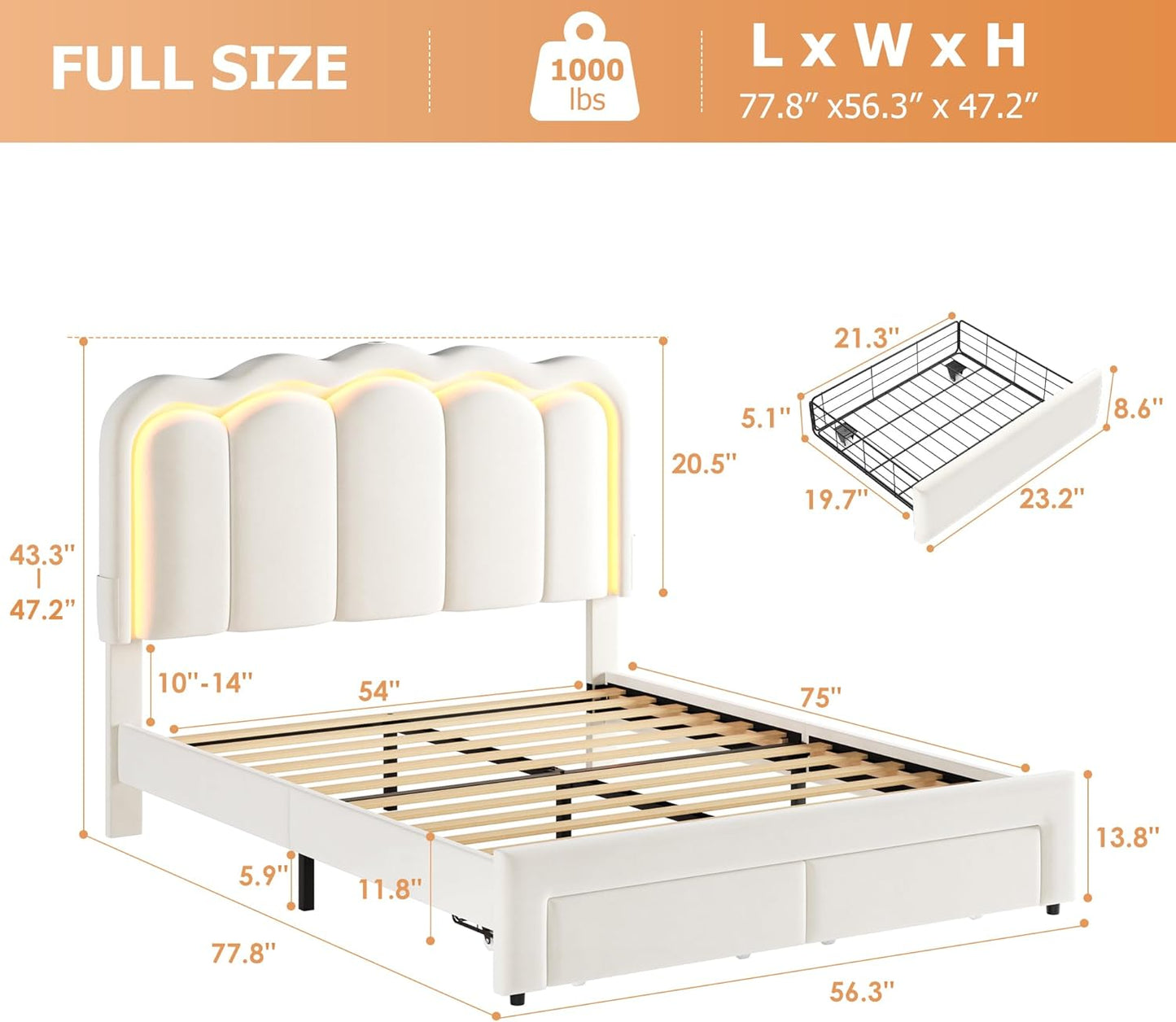 Full Upholstered LED Bed Frame with 2 Storage Drawers and Adjustable Chic Double Wavy Headboard, Velvet Princess Platform Bed with Charing Station, Solid Wood Slats Support,No Box Spring Needed,Beige