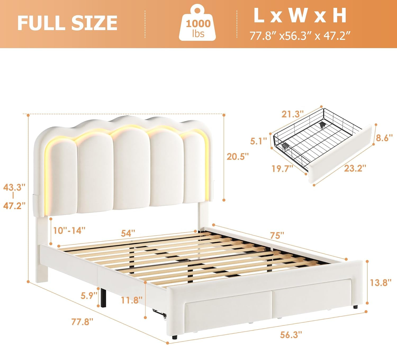 Full Upholstered LED Bed Frame with 2 Storage Drawers and Adjustable Chic Double Wavy Headboard, Velvet Princess Platform Bed with Charing Station, Solid Wood Slats Support,No Box Spring Needed,Beige