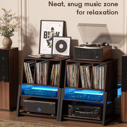 Record Player Stand with Vinyl Storage Cabinet, 22" Record Player Table up to 200 Albums, Large Wood Turntable Stand with Record Album Holder with Charging Station & LED Light, Espresso