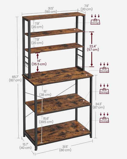 Coffee Bar, 31.5 Inches Baker'S Rack for Kitchen with Storage, 6-Tier Kitchen Shelves with 6 Hooks, Microwave Stand, Industrial, Rustic Brown and Ink Black UKKS019B01